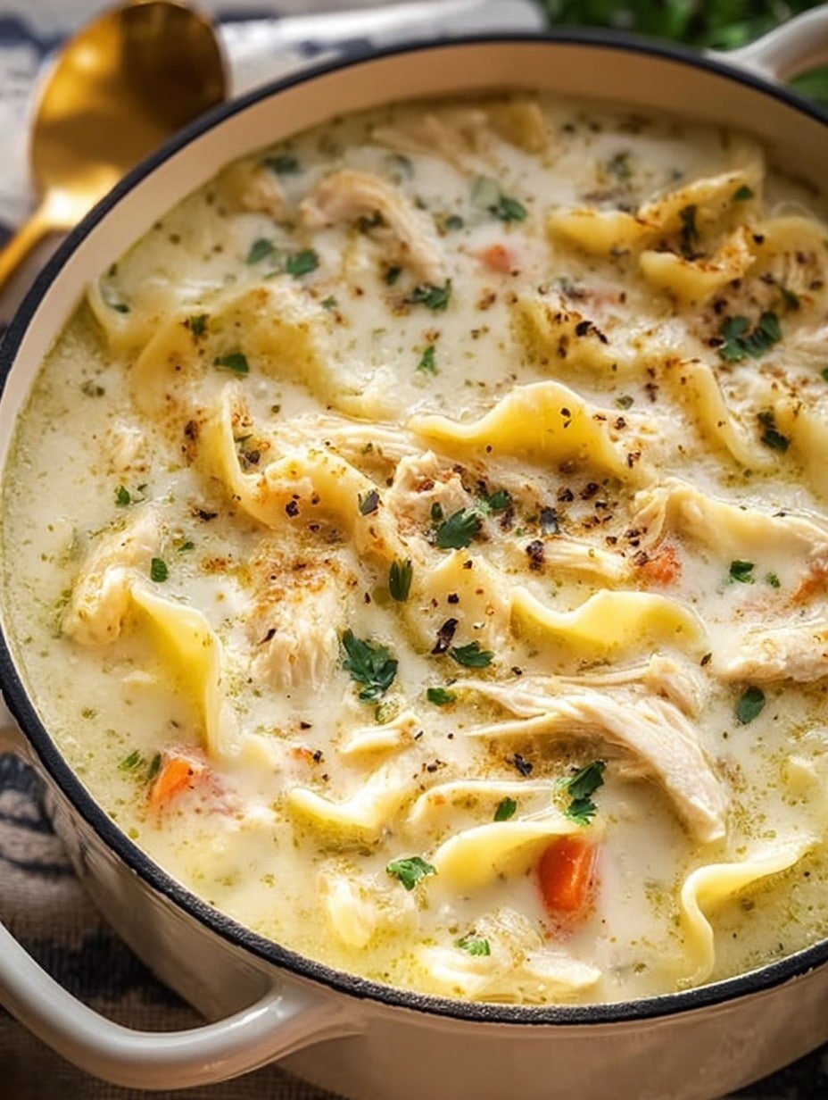 White Chicken Lasagna Soup Recipe - Recipe Image — White Chicken Lasagna Soup, creamy chicken lasagna soup, easy lasagna soup recipe, comforting chicken soup, cheesy pasta soup