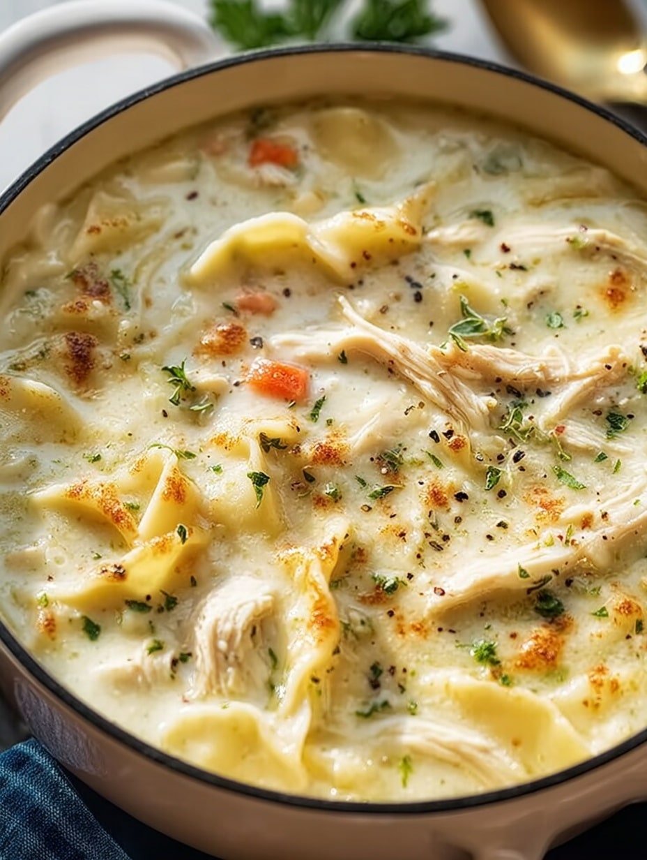 White Chicken Lasagna Soup Recipe - Recipe Image — White Chicken Lasagna Soup, creamy chicken lasagna soup, easy lasagna soup recipe, comforting chicken soup, cheesy pasta soup