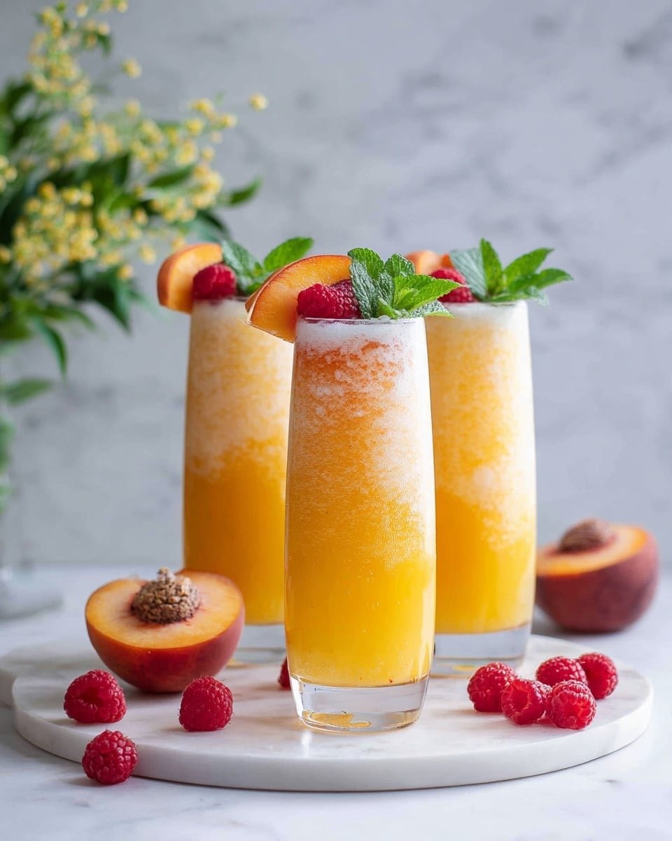 Peach Bellini Mocktail Recipe - Recipe Image — Peach Bellini Mocktail, Peach Bellini Mocktail recipe, non alcoholic peach cocktail, fruity bubbly mocktail, easy summer mocktail