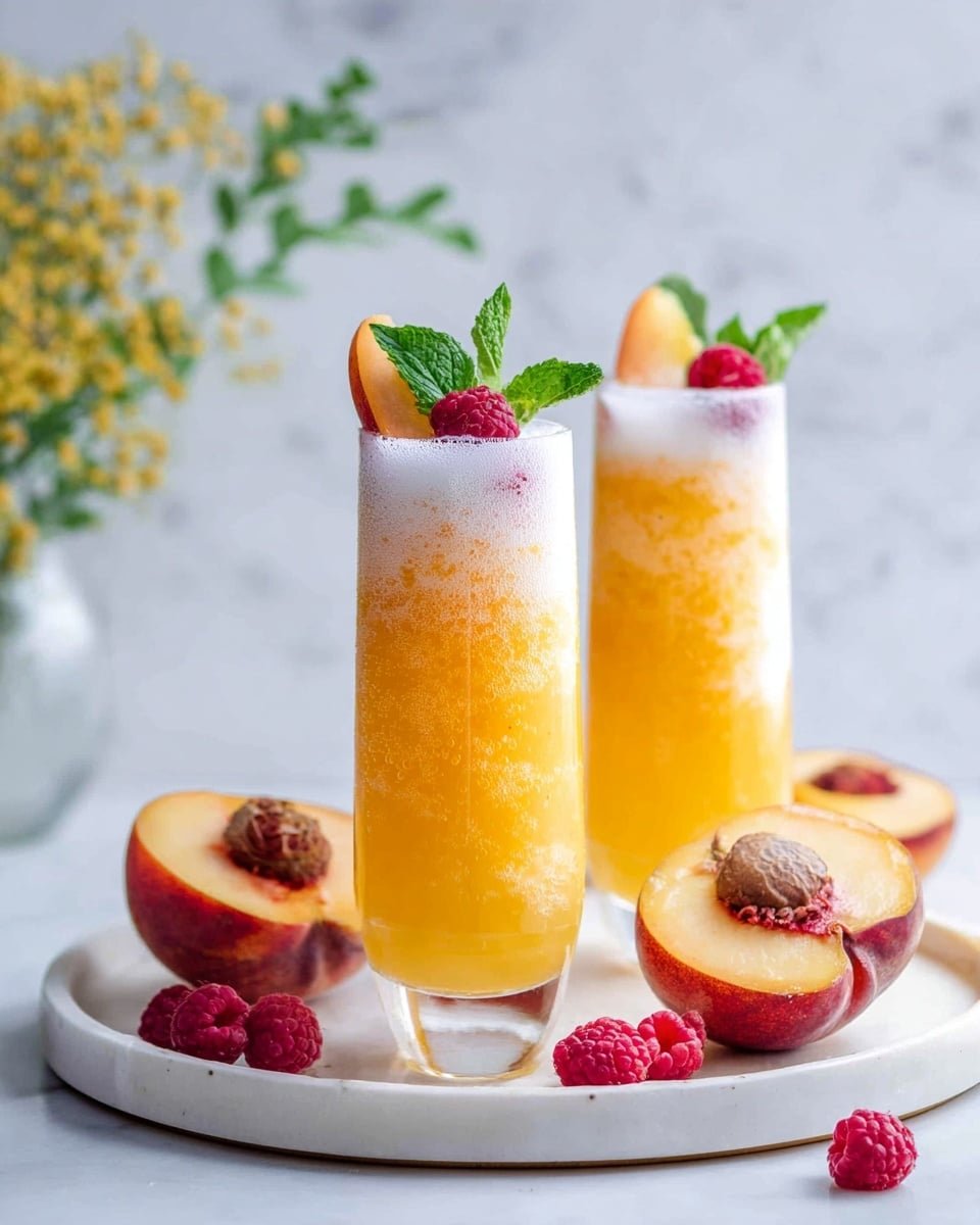 Peach Bellini Mocktail Recipe - Recipe Image — Peach Bellini Mocktail, Peach Bellini Mocktail recipe, non alcoholic peach cocktail, fruity bubbly mocktail, easy summer mocktail