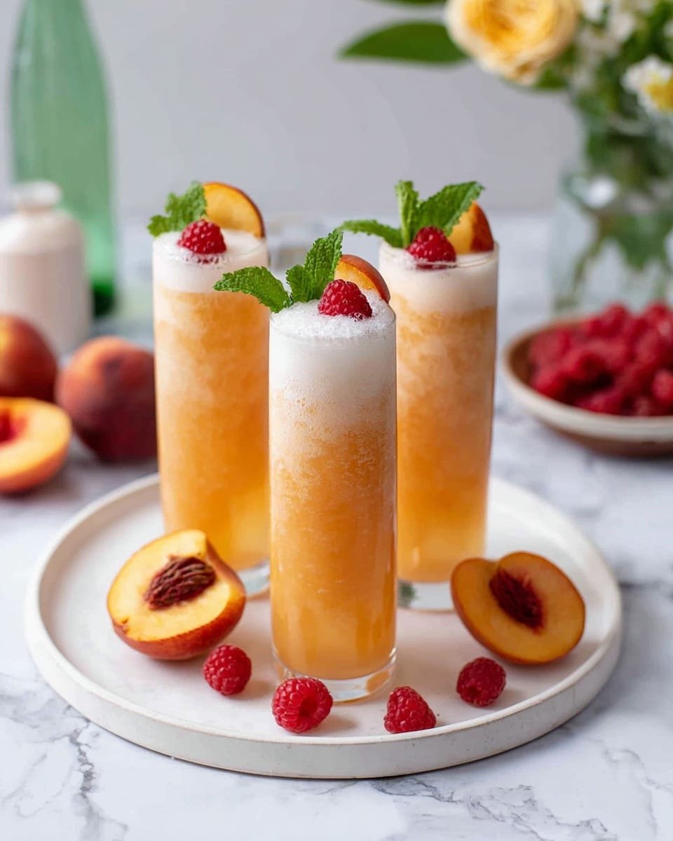 Peach Bellini Mocktail Recipe - Recipe Image — Peach Bellini Mocktail, Peach Bellini Mocktail recipe, non alcoholic peach cocktail, fruity bubbly mocktail, easy summer mocktail