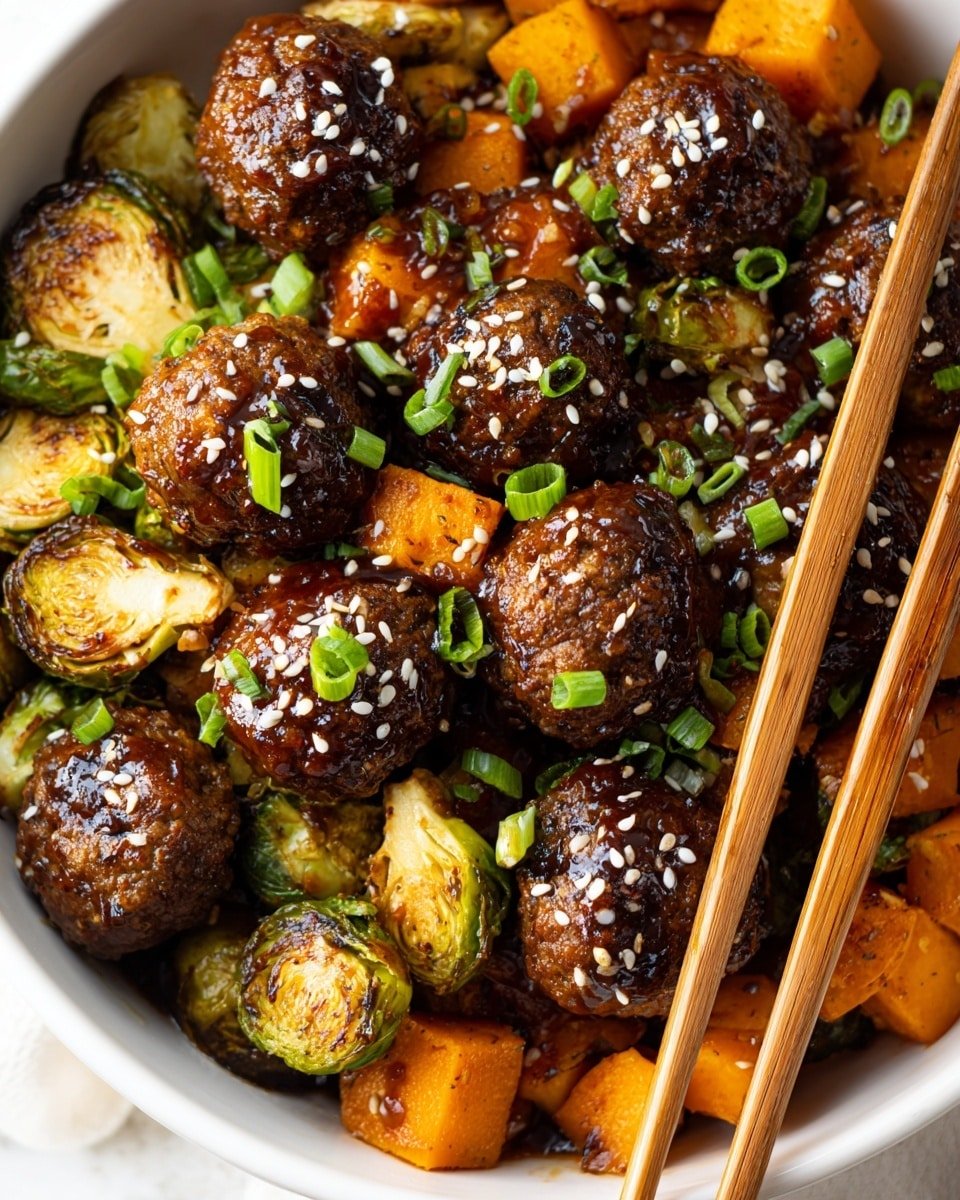 Korean BBQ Meatballs and Vegetables Recipe - Recipe Image — Korean BBQ Meatballs and Vegetables, Korean-inspired meatballs, Korean BBQ dinner ideas, savory Korean meatball recipe, easy Korean dinner