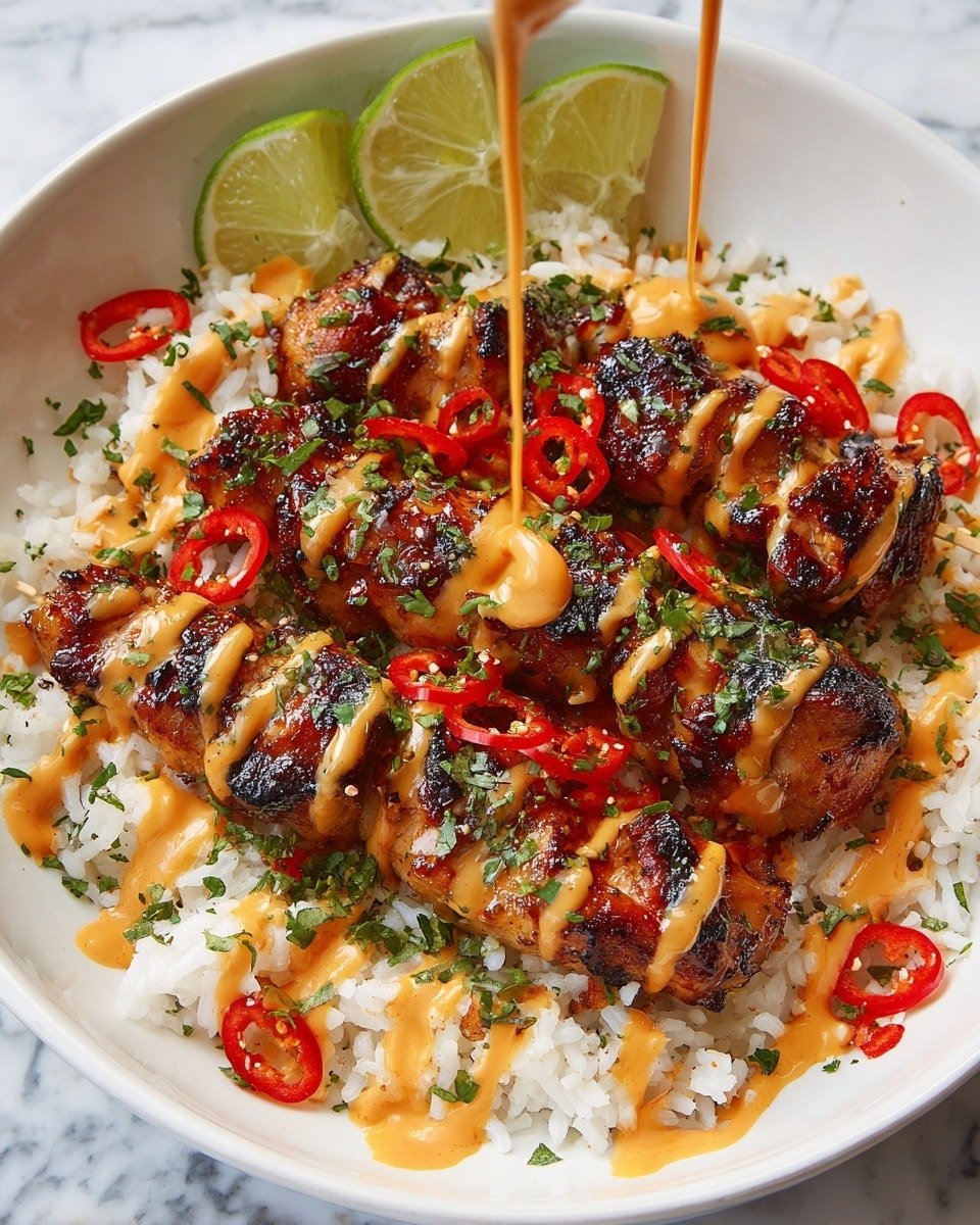 A white bowl filled with a base layer of white rice, topped with three grilled chicken skewers that are browned and slightly charred with a sticky glaze. The chicken is drizzled with a creamy, light orange sauce in stripes. There are thin slices of red chili and finely chopped green herbs scattered over the top. On one side of the bowl, there are several lime wedges resting against the chicken. A bright orange creamy sauce is being poured from above onto the center of the dish. The dish sits on a white marbled surface photo taken with an iphone --ar 4:5 --v 7 — Sweet Chili Chicken Bowl with Coconut Lime Drizzle, flavorful chicken bowl recipe, quick weeknight dinner ideas, healthy coconut lime dishes, easy Asian-inspired bowls
