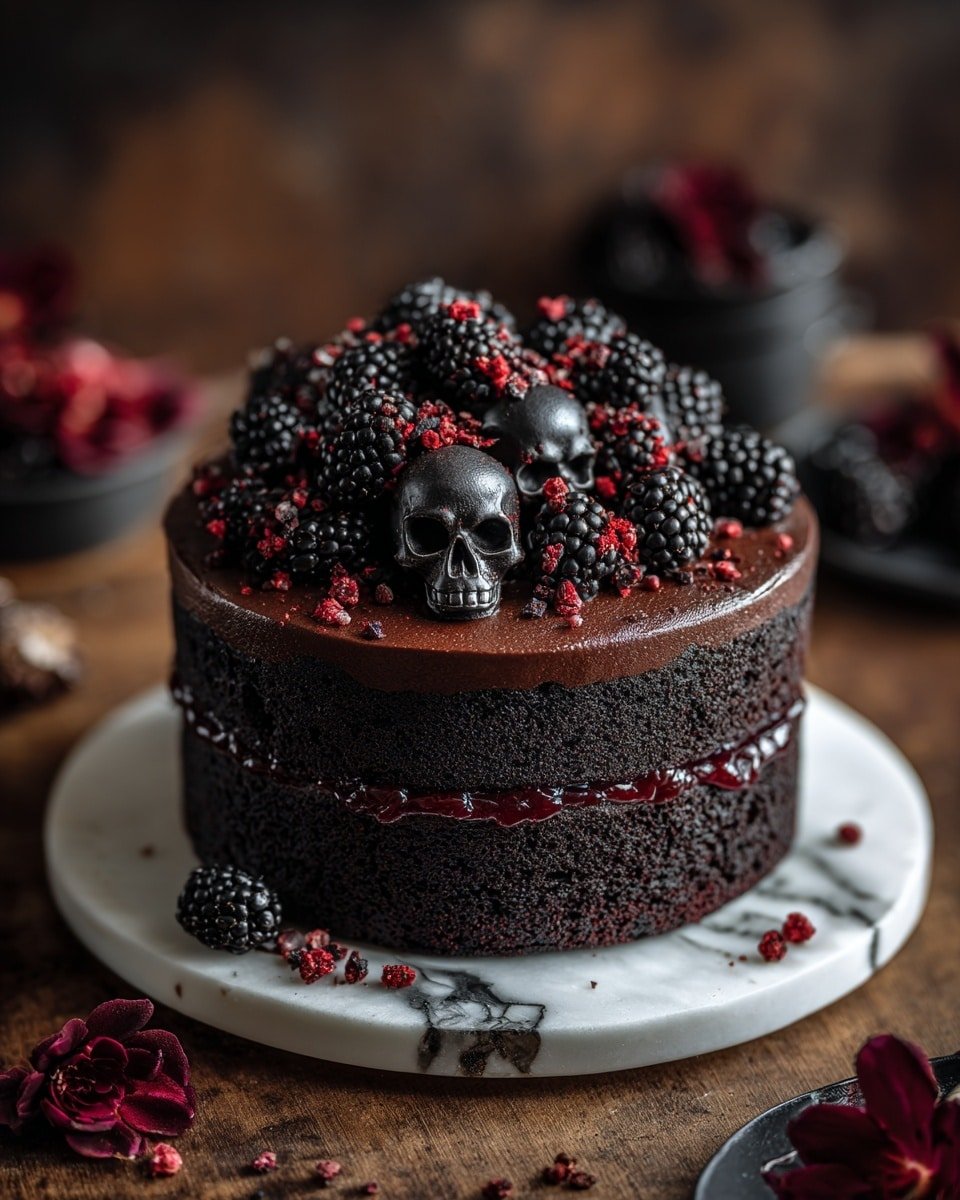 A dark chocolate cake with two thick black layers separated by a thin layer of red jam in the middle, topped with detailed small dark chocolate skulls and blackberries. The top of the cake is sprinkled with small red and black bits, and the cake sits on a round white marbled board. The background is blurred with warm brown tones, and some scattered blackberries and red petals lie on the wooden surface near the board. Photo taken with an iphone --ar 4:5 --v 7 — Spooky Black Velvet Halloween Cake, black velvet cake, Halloween dessert, black cocoa cake, festive Halloween cake