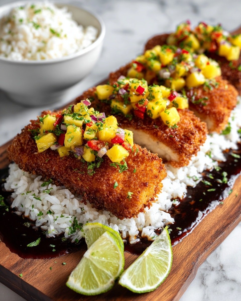 Three thick pieces of golden-brown crispy fried fish fillets sit side by side on a bed of white rice, all laid out on a wooden board with a shiny dark sauce underneath. Each fish piece is topped with a colorful salsa made of bright yellow pineapple chunks, red bell pepper pieces, finely chopped green herbs, and small bits of white onion. In front of the fish fillets, two fresh lime wedges with shiny green skin and juicy pale green inside rest on the board. In the background, there is a small white bowl filled with white rice set against a white marbled surface. photo taken with an iphone --ar 4:5 --v 7 — Coconut-Crusted Salmon with Fresh Pineapple Salsa, tropical salmon recipe, easy salmon dinner, healthy seafood recipes, flavorful salmon with pineapple salsa