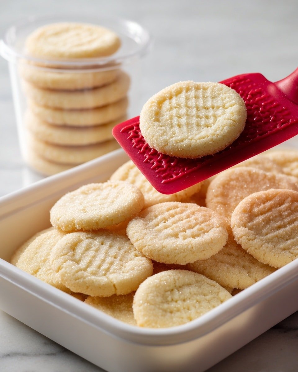 The image shows a white tray filled with many small, round cookies that have a light golden color and a slightly rough texture with a patterned top. A red spatula lifts a small pile of about six cookies from the tray, showing their soft edges and sugar dusting on top. In the background, another clear white container holds more of the same cookies, stacked neatly inside. The whole scene is set on a white marbled surface, giving a clean and bright look. photo taken with an iphone --ar 4:5 --v 7 — Mini Sugar Cookies, easy sugar cookies, quick cookie recipe, homemade mini cookies, sweet cookie bites