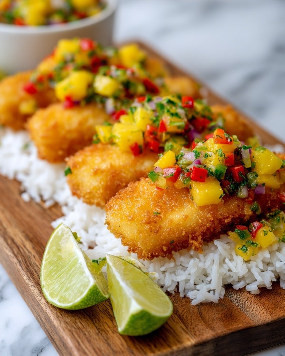 Coconut Crusted Salmon with Pineapple Salsa Recipe - Recipe Image — Coconut Crusted Salmon with Pineapple Salsa, tropical salmon recipe, baked salmon with tropical salsa, healthy salmon dinner, easy seafood recipes