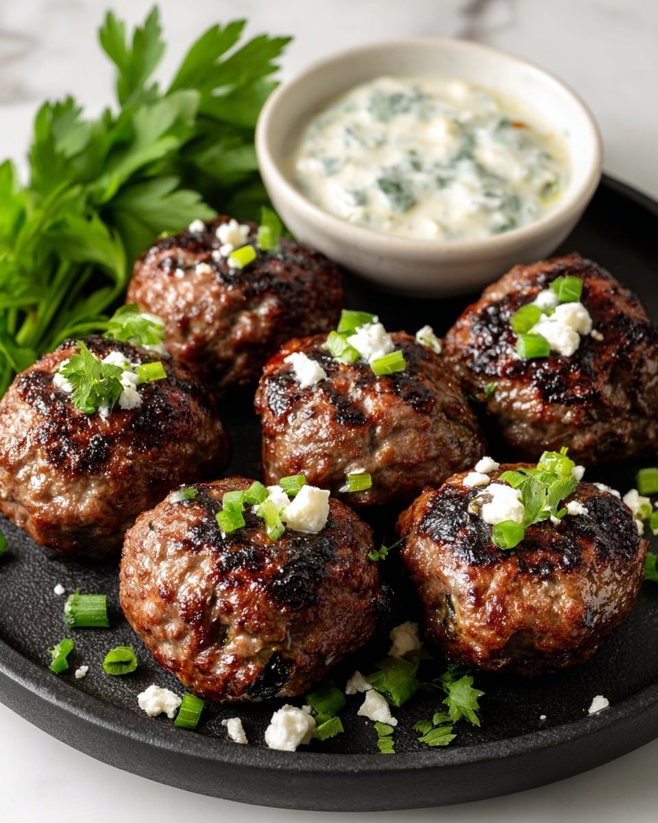 Spicy Greek Lamb Meatballs with Creamy Green Herb Dip Recipe - Recipe Image — Spicy Greek Lamb Meatballs with Creamy Green Herb Dip, Greek lamb meatballs, Mediterranean lamb recipes, spicy lamb meatball ideas, green herb dip