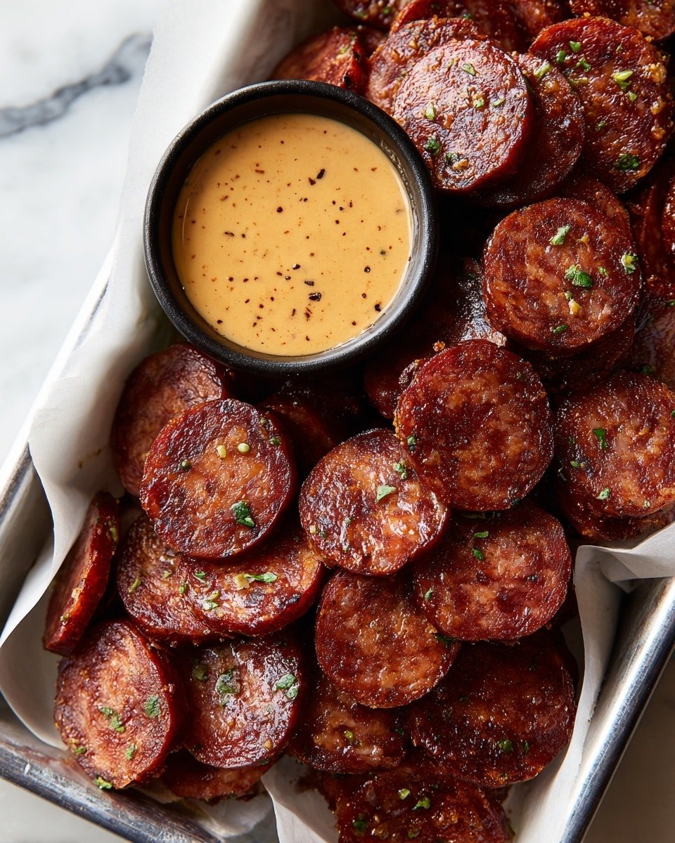 Mustard Hasselback Kielbasa Bites Recipe - Recipe Image — Mustard Hasselback Kielbasa Bites, kielbasa appetizer, crispy sausage bites, easy party snacks, grilled sausage recipe