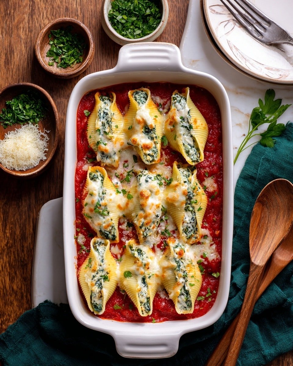 Tofu Ricotta Stuffed Shells with Spinach Recipe - Recipe Image — Tofu Ricotta Stuffed Shells with Spinach, vegetarian stuffed shells, vegan baked pasta, healthy Italian comfort food, plant-based stuffed pasta