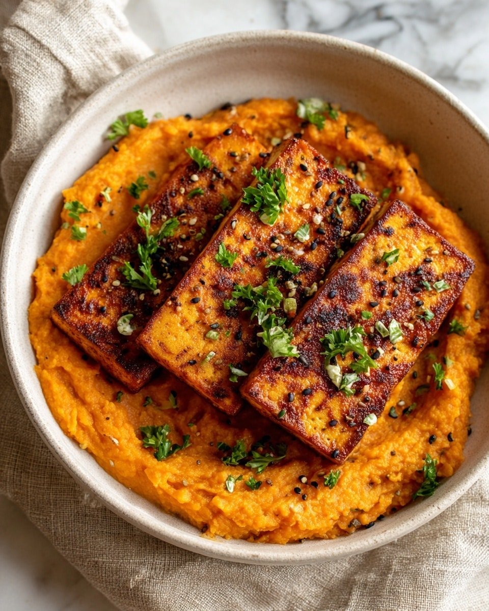 Tofu Steak with Mashed Sweet Potato Recipe - Recipe Image — Tofu Steak with Mashed Sweet Potato, plant-based tofu steak recipes, healthy vegan dinner ideas, easy sweet potato side dishes, comforting vegetarian meals