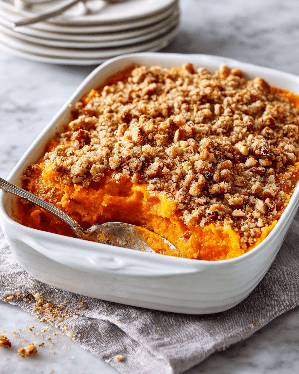 Southern Sweet Potato Casserole with Pecan Streusel Recipe - Recipe Image — Southern Sweet Potato Casserole with Pecan Streusel, sweet potato casserole, pecan topping recipe, holiday side dishes, comforting Southern sides