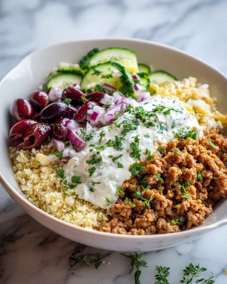 Healthy Greek Ground Chicken Bowls Recipe - Recipe Image — Healthy Greek Ground Chicken Bowls, Greek chicken bowls, healthy chicken bowls, Mediterranean chicken recipes, quick healthy dinner ideas