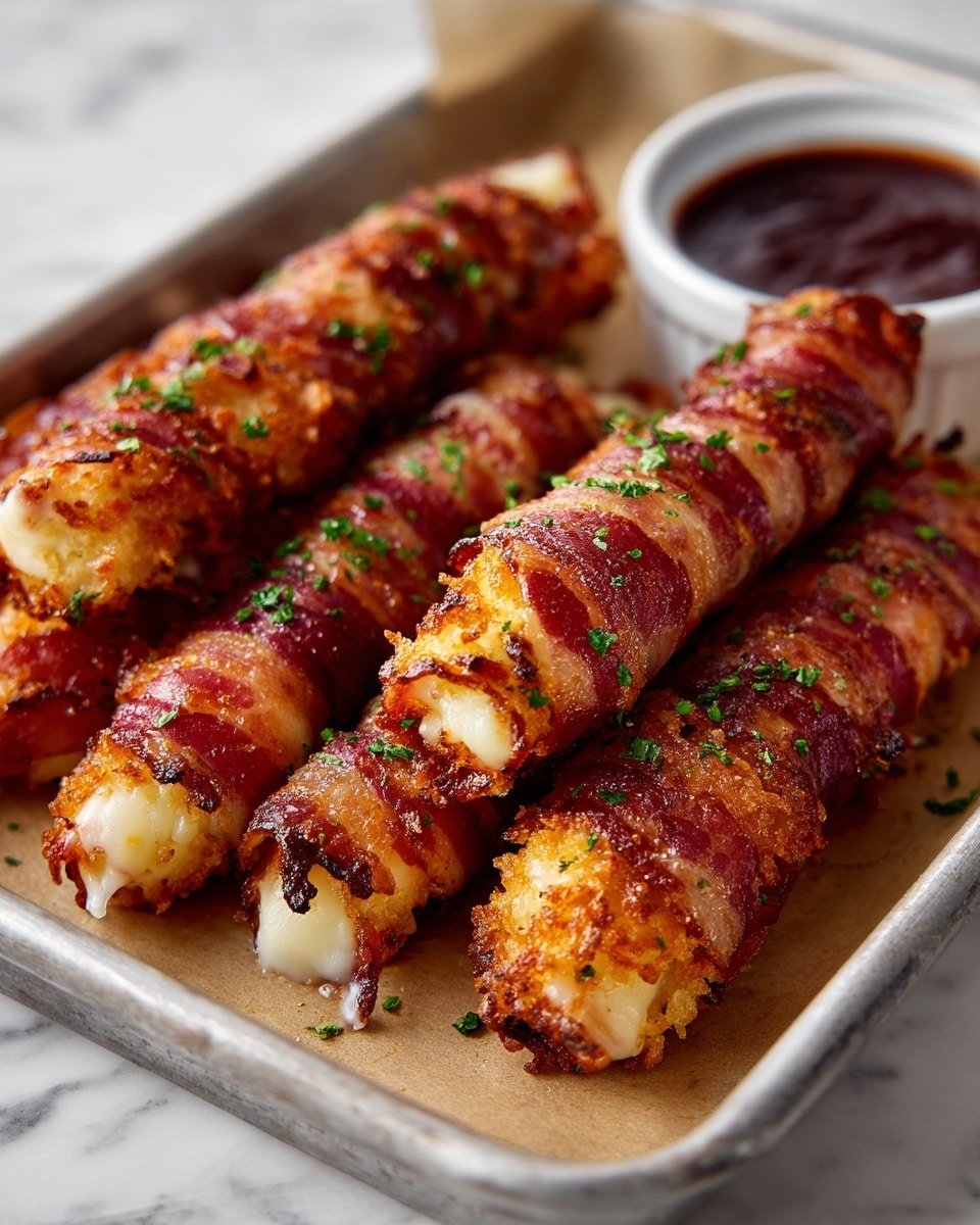 Nashville Hot Bacon Wrapped Mozzarella Sticks Recipe - Recipe Image — Nashville Hot Bacon Wrapped Mozzarella Sticks, spicy cheese sticks, bacon wrapped appetizer, Nashville hot snack, cheesy bacon appetizer