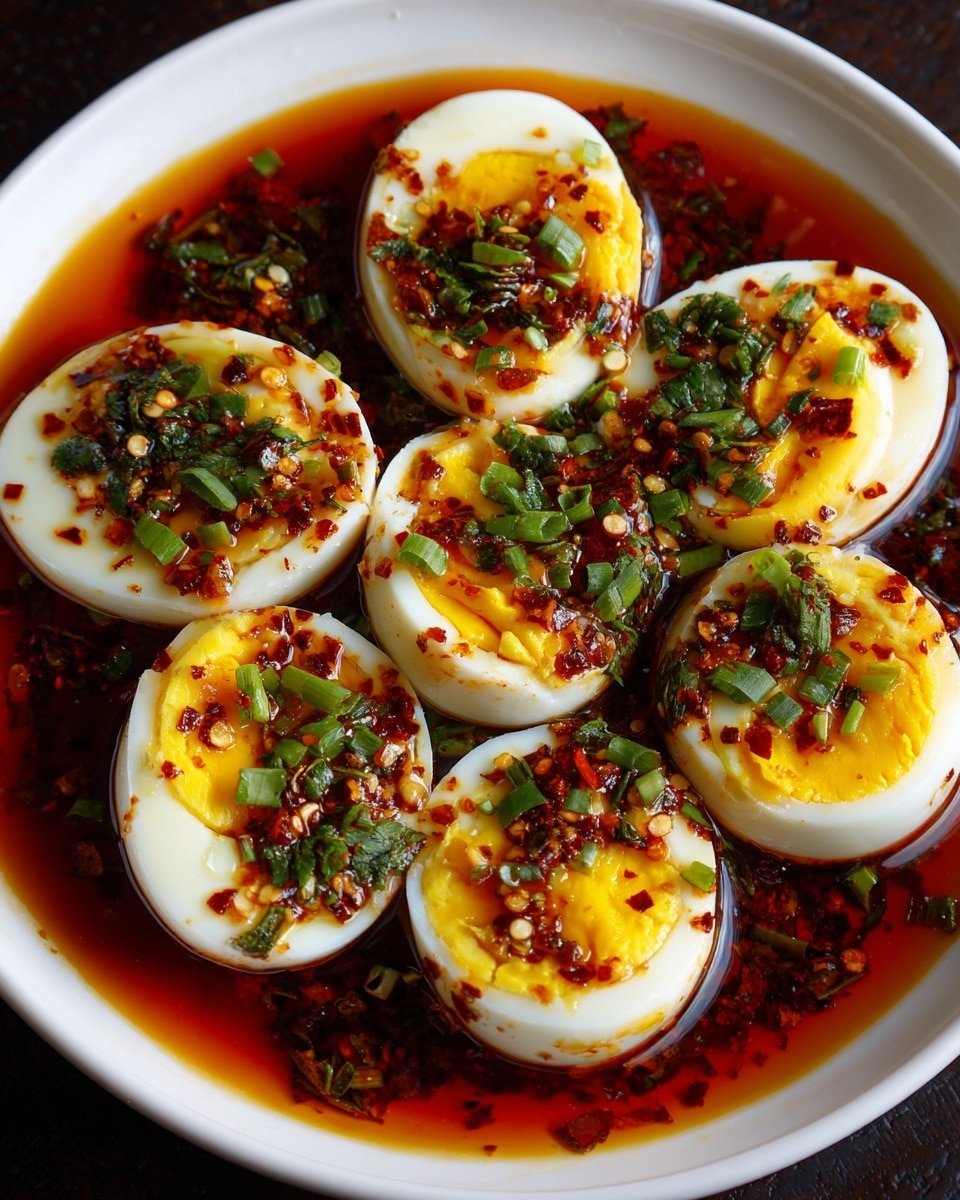 Spicy Chili Garlic Deviled Eggs Recipe - Recipe Image — Spicy Chili Garlic Deviled Eggs, spicy deviled eggs, chili garlic eggs, easy party appetizers, flavorful deviled eggs