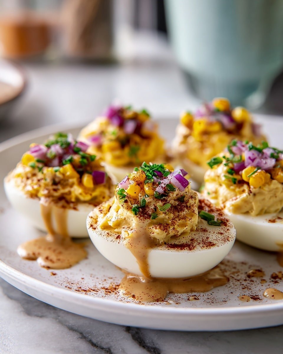 Elote Deviled Eggs: 12 Fiesta Delights Recipe - Recipe Image — Elote Deviled Eggs, Fiesta Deviled Eggs, Mexican Street Corn Deviled Eggs, Summer Appetizer Ideas, Crowd-Pleasing Egg Recipes