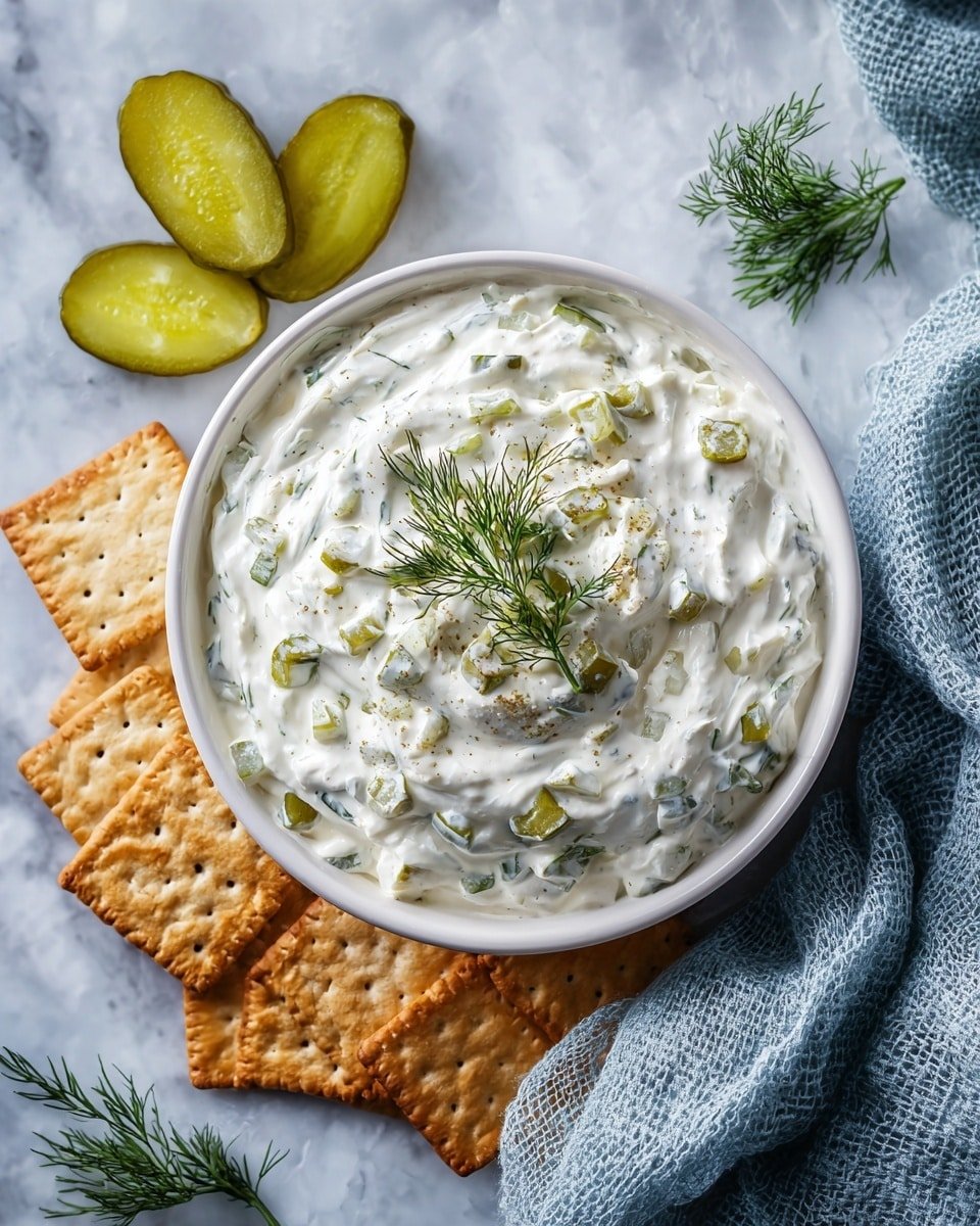 Creamy Dill Pickle Cottage Cheese Dip Recipe - Recipe Image — Creamy Dill Pickle Cottage Cheese Dip, easy dill pickle dip, healthy cottage cheese dip, tangy pickle dip, quick appetizer dip