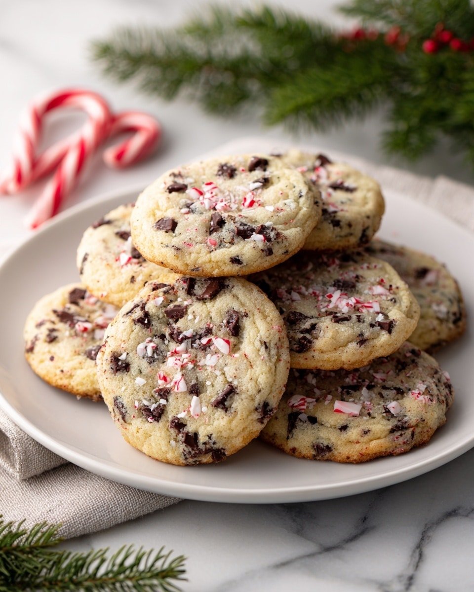 Peppermint Chocolate Chip Cookies Recipe - Recipe Image — Peppermint Chocolate Chip Cookies, holiday cookies, mint chocolate chip cookies, festive cookie recipes, peppermint dessert recipes