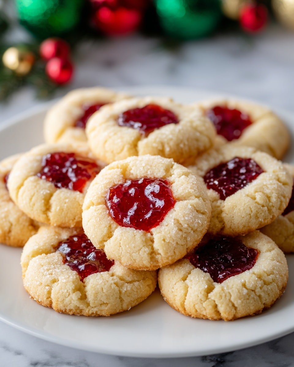 Raspberry Thumbprint Cookies Recipe - Recipe Image — Raspberry Thumbprint Cookies, thumbprint cookies with raspberry jam, homemade raspberry cookies, easy thumbprint cookie recipe, festive raspberry cookies