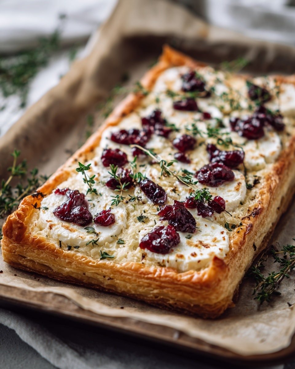 Cranberry Brie Tart with Pancetta & Thyme Recipe - Recipe Image — Cranberry Brie Tart with Pancetta & Thyme, holiday appetizer recipes, easy savory tart, festive brunch ideas, puff pastry tart with cranberry and Brie
