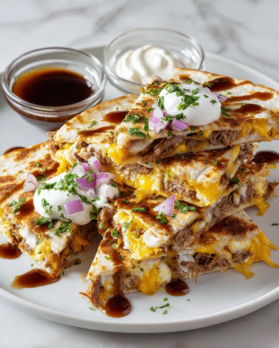 Hot Honey BBQ Chicken Quesadillas Recipe - Recipe Image — Hot Honey BBQ Chicken Quesadillas, easy chicken quesadillas, spicy honey chicken recipe, quick dinner ideas, flavorful cheesy quesadillas