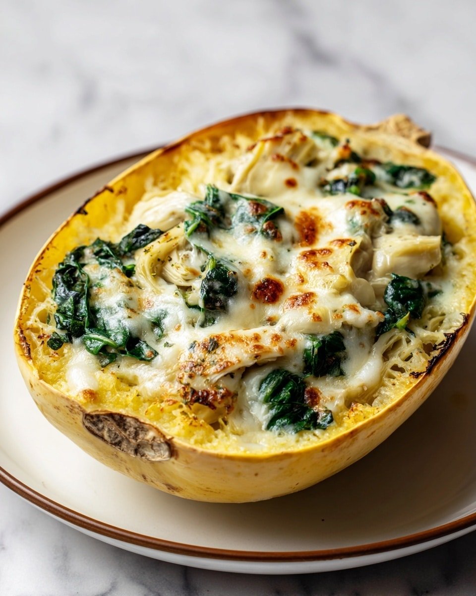 Spinach and Artichoke Stuffed Spaghetti Squash Recipe - Recipe Image — Spinach and Artichoke Stuffed Spaghetti Squash, healthy stuffed spaghetti squash, cheesy vegetable stuffed squash, easy low-carb squash recipes, roasted vegetable stuffed squash