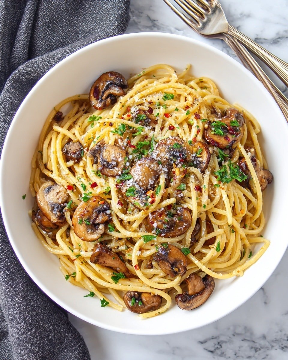 15-Minute Mushroom Spaghetti Aglio Olio Recipe - Recipe Image — 15-Minute Mushroom Spaghetti Aglio Olio, Mushroom Spaghetti Aglio Olio, quick mushroom pasta, easy garlic mushroom spaghetti, speedy mushroom pasta dish