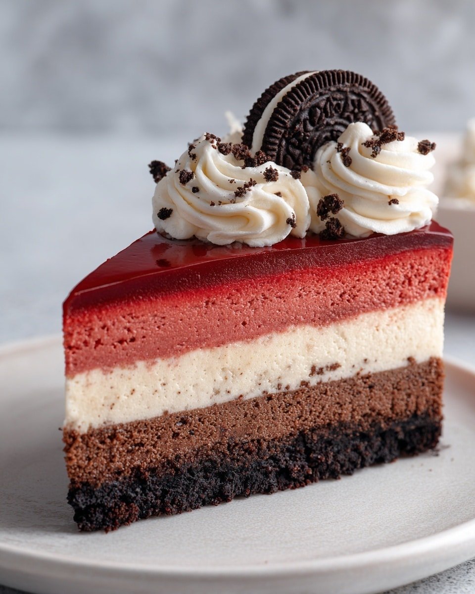 Red Velvet Oreo Cheesecake Recipe - Recipe Image — Red Velvet Oreo Cheesecake, Red Velvet Cheesecake, Oreo Cheesecake, No-Bake Cheesecake, Holiday Dessert