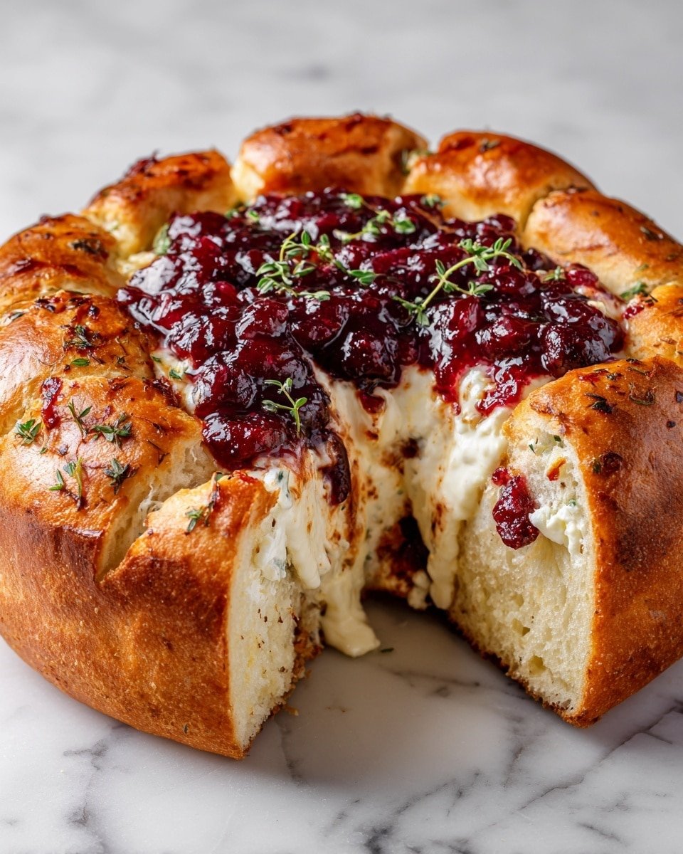 Garlic Herb Sourdough Bread Stuffed with Brie and Cranberry Sauce Recipe - Recipe Image — Garlic Herb Sourdough Bread Stuffed with Brie and Cranberry Sauce, holiday appetizer recipes, cheesy stuffed bread, festive sourdough recipes, Brie and cranberry appetizer