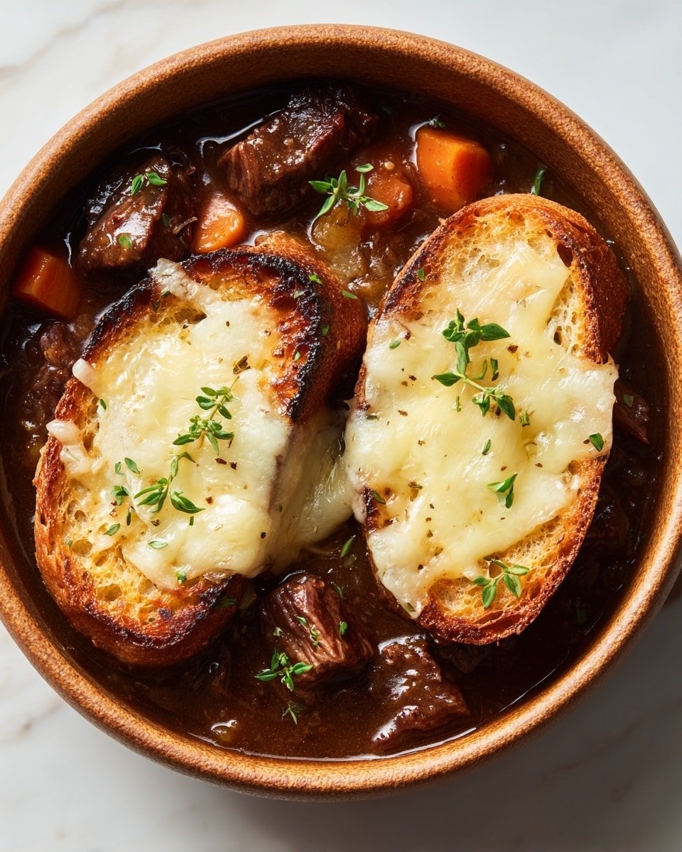 French Onion Short Rib Soup with Gruyère Toast Recipe - Recipe Image — French Onion Short Rib Soup with Gruyère Toast, hearty short rib soup, French onion soup with short ribs, caramelized onion soup, cheesy Gruyère toast