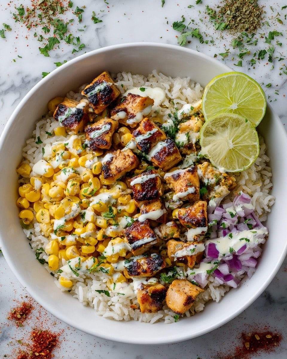 A white bowl filled with three main layers: the bottom layer is soft white rice, the middle layer is bright yellow corn kernels mixed with small pieces of purple onion, and the top layer shows golden-brown grilled chicken chunks with visible char marks. Drizzled white sauce is spread unevenly over the chicken, sprinkled with green chopped cilantro and a little red spice powder. Two lime wedges rest on opposite sides of the bowl. The bowl sits on a white marbled surface with scattered herb pieces and red spices around. Photo taken with an iphone --ar 4:5 --v 7 — Street Corn Chicken and Rice Bowls, flavorful chicken rice bowls, Mexican street corn bowl recipe, easy weeknight dinner ideas, vibrant corn and chicken bowls