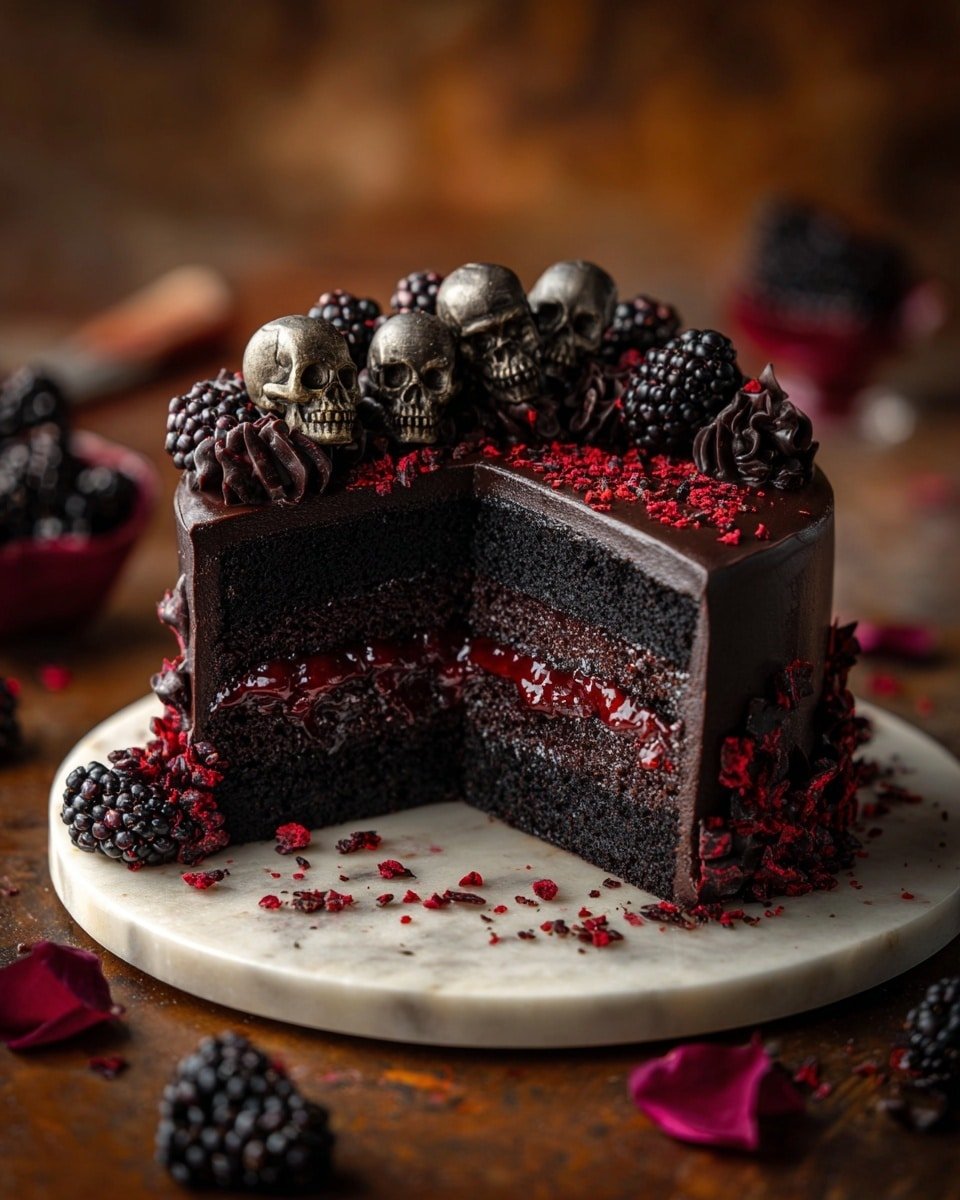 Spooky Black Velvet Halloween Cake Recipe - Recipe Image — Spooky Black Velvet Halloween Cake, black velvet cake, Halloween dessert, black cocoa cake, festive Halloween cake