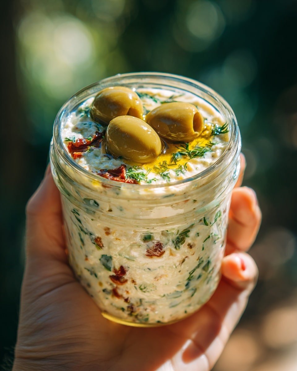 A clear glass jar is filled with a creamy mixture that looks thick and slightly chunky, with visible bits of green herbs and small pieces of red pepper spread throughout. The top layer is garnished with two whole green olives sitting in a pool of golden olive oil, creating a shiny surface. The jar is held in a woman's hand, with a blurred outdoor background of green shades. The light highlights the textures and colors of the mixture and olives very well, making the dish look fresh and flavorful photo taken with an iphone --ar 4:5 --v 7 — Olive Lovers’ Dream Dip, Creamy Feta & Green Olive Spread, Mediterranean Dip, Easy Green Olive Spread, Briny Olive Appetizer