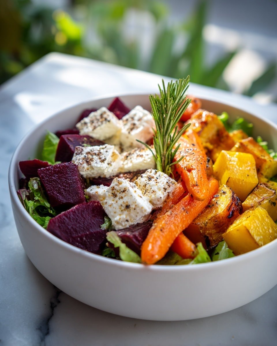 In a close-up view, a white bowl holds a colorful dish arranged in layers. The bottom layer is a bed of fresh green leaves. On top of this, chunks of deep purple beets and yellow roasted vegetables are placed in a mixed pattern. Bright orange, whole baby carrots with a slightly shiny, roasted texture lie on the middle layer. Scattered dollops of soft white cheese appear twice across the dish, sprinkled with black pepper. A small sprig of fresh rosemary stands upright in the middle, adding a green accent. The bowl sits on a white marbled surface with soft natural light and a blurred green background. Photo taken with an iphone --ar 4:5 --v 7 — Roasted Beets and Carrots Salad with Burrata, roasted beet and carrot salad, easy veggie salad with burrata, healthy beets and carrots recipe, vibrant roasted vegetable salad