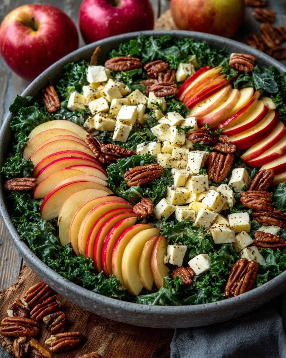 A large bowl filled with a fresh salad showing three main layers: the bottom layer is dark green leafy kale with a rough texture, the middle layer has bright red and yellow apple slices arranged closely in a circular pattern, and the top layer shows scattered pieces of light brown pecans and white chunks of crumbly cheese, all sprinkled lightly with black pepper. The bowl is on a wooden surface with whole apples and pecans around it. The bowl itself is gray and round. Photo taken with an iphone --ar 4:5 --v 7 — Autumn Harvest Honeycrisp Apple and Feta Salad, Honeycrisp apple salad with feta, seasonal fall salad recipes, healthy apple salad ideas, fall vegetarian side dishes