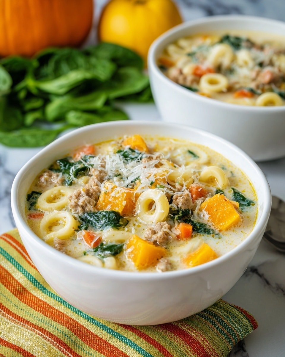 A white bowl filled with a creamy soup showing several layers: a base of light yellow creamy broth with small pasta rings floating, large chunks of bright orange squash, diced orange carrots, and bits of cooked ground meat mixed with dark green leafy spinach. The top layer has a sprinkle of finely grated white cheese. In the background, there is another white bowl with more soup, some fresh green spinach leaves, orange carrots, and a round yellow squash. The bowl is placed on a striped cloth with green, orange, and yellow colors on a white marbled surface. Photo taken with an iphone --ar 4:5 --v 7 — Roasted Butternut and Sausage Soup, butternut squash soup with sausage, hearty sausage and squash soup, easy autumn squash soup, comforting sausage soup recipe