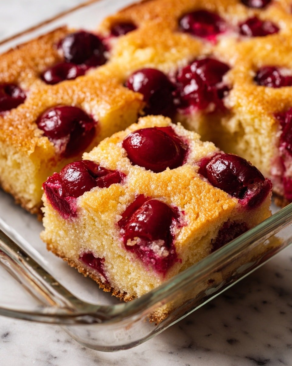 A close-up of a square piece of light golden cake with a soft and crumbly texture, embedded with whole and halved deep red cherries that create bright spots of color across the top and slightly inside the cake. The cake rests in a clear glass dish on a white marbled textured surface, showing a thin, darker brown crust layer at the base. The cherries appear juicy and shiny, contrasting nicely with the matte, warm cake layers below. photo taken with an iphone --ar 4:5 --v 7 — Cranberry Orange Breakfast Cake, cranberry orange cake recipe, citrus breakfast cake, tart cranberry breakfast dessert, easy morning cake