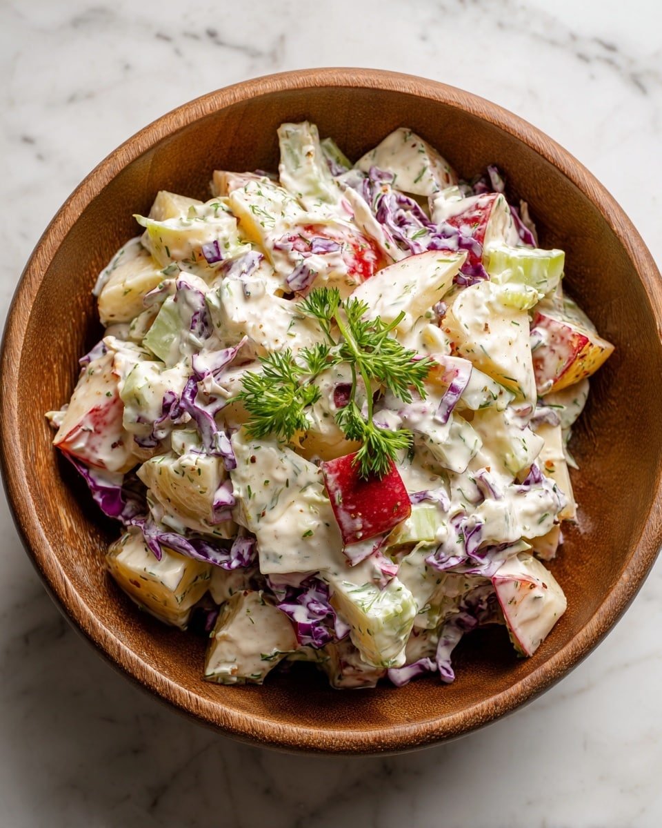 A wooden bowl filled with a mixed salad that has three main layers: the base consisting of light green celery and white cabbage shreds, the middle layer shows red cabbage and bright red apple pieces, while the top layer has pale yellow diced potatoes mixed evenly. The salad is coated in a creamy white dressing with green herb flecks, and two small green fresh herb sprigs are placed on top for garnish. The dish sits on a white marbled surface, photo taken with an iphone --ar 4:5 --v 7 — Cranberry Apple Coleslaw, Cranberry Apple Slaw, holiday coleslaw, easy fall salads, tangy fruit coleslaw