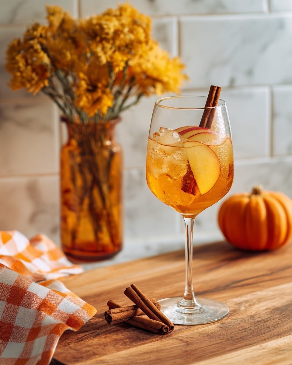 A clear wine glass filled with an orange drink and ice cubes sits on a wooden surface. Inside the glass is one cinnamon stick standing upright, and a thin slice of apple is placed on the rim. Two cinnamon sticks lie next to the glass on the wooden surface. In the background, an amber glass vase holds dried yellow flowers. A small orange pumpkin sits near the vase. There is a white marbled surface with white subway tiles behind the drink. An orange and white checkered cloth is partially visible on the left side. Photo taken with an iphone --ar 4:5 --v 7 — Apple Cider Aperol Spritz, fall cocktail recipes, seasonal Aperol drinks, easy autumn cocktails, festive apple cocktail