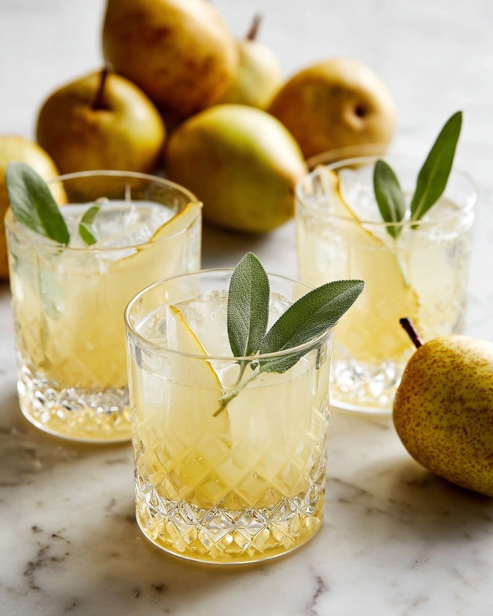 The image shows three clear, short glasses filled with a light yellow drink, each glass having a textured, diamond-like pattern near the base. Floating inside each glass is a thin, curved slice of pear that leans against the inner edge, colored pale yellow with a light brown edge. Each drink is topped with a small bunch of green leaves, likely sage, protruding upward next to the pear slice. Behind the glasses are five whole pears, round and brownish-yellow with a rough texture, arranged loosely on a white marbled surface. The photo is bright and clean, focusing closely on the drinks while softly blurring the pears in the background. Photo taken with an iphone --ar 4:5 --v 7 — Thanksgiving Bourbon Pear Spritzers, autumn cocktail recipes, festive fall drinks, pear bourbon drinks, holiday spritzers