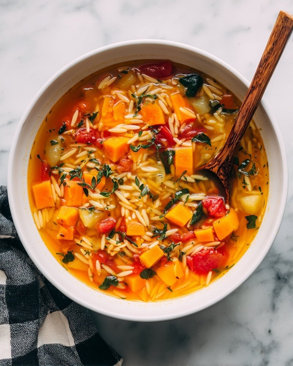 A white bowl filled with a colorful vegetable soup, showing multiple layers and pieces. The top layer has chunks of orange carrots, white potatoes, and red tomatoes floating in a clear orange broth. There are small green leafy herbs mixed throughout, and thin pieces of orzo pasta scattered on top. At the right edge of the bowl, a wooden spoon with visible grain rests inside the soup. The bowl sits on a white marbled surface with part of a black and white checkered cloth at the bottom left corner. photo taken with an iphone --ar 4:5 --v 7 — Vegetable Orzo Soup, healthy vegetable soup, hearty vegetable pasta, easy vegetable soup recipe, comforting vegetable soup