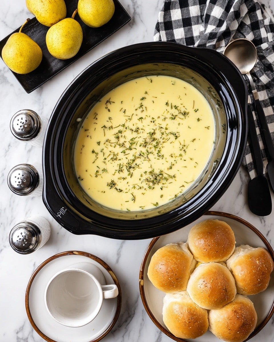 A large black slow cooker filled with creamy yellow soup topped with small green herb pieces scattered evenly on the surface. To the right, a white bowl with a brown rim holds several golden brown rolls that look soft and freshly baked. Below the slow cooker, there is a white cup holding a shiny silver spoon. Salt and pepper shakers are placed near the top left, next to some yellow pears in a black tray. A black and white checkered cloth and a black ladle are seen in the top right corner. The entire scene is set on a white marbled surface. photo taken with an iphone --ar 4:5 --v 7 — Slow Cooker Potato Leek Soup, creamy leek and potato soup, easy slow cooker soup recipes, comforting fall soups, simple leek potato dinner