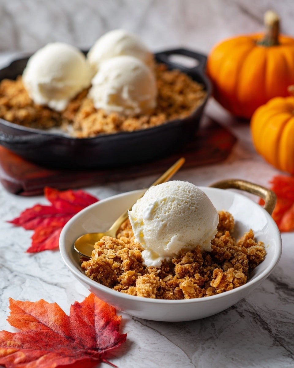 The image shows a warm dessert served in two parts: a white bowl in the front filled with a layer of soft, crumbly, brownish-orange crisp topping with a scoop of smooth, creamy white ice cream on top; behind it, a black cast iron skillet holds more of the same crumbly dessert, with three scoops of white ice cream melting on the surface. The dessert layers contrast the rough texture of the crisp topping and the creamy melting ice cream, set against a dark rustic table with scattered red and orange autumn leaves and a small orange pumpkin adding seasonal color. A golden spoon rests in the skillet, ready to serve. The background is a white marbled texture. photo taken with an iphone --ar 4:5 --v 7 — Pumpkin Crisp, pumpkin crisp recipe, fall dessert, pumpkin dessert, apple crisp with pumpkin