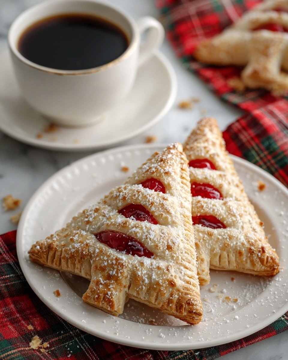 Two triangular pastries shaped like Christmas trees sit on a white plate, each with three red slits on top showing a cherry filling inside. The pastries have a golden-brown, flaky crust with sugar crystals sprinkled on top and crimped edges. Behind the plate is a white cup filled with black coffee, resting on a red and green plaid cloth, all placed on a white marbled surface with crumbs scattered around. photo taken with an iphone --ar 4:5 --v 7 — Cherry Hand Pies, Cherry Hand Pies Recipe, homemade cherry hand pies, portable cherry dessert, easy cherry hand pies