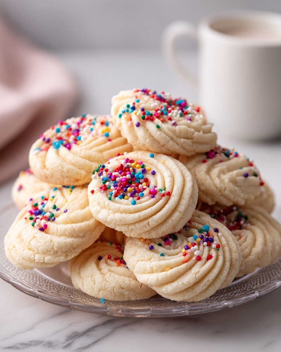 A clear round plate is filled with about a dozen swirl-shaped cookies. The cookies are pale cream in color and have a soft, textured look with ridges following the swirl pattern. Many of the cookies are topped with small, bright, multicolored round sprinkles that add pops of red, blue, green, yellow, purple, and white. The plate is set on a white marbled surface with a blurred white cup in the background. The cookies are arranged in a slightly layered pile, some overlapping each other. photo taken with an iphone --ar 4:5 --v 7 — Butter Cookies, buttery Cookie Recipe, easy butter cookies, classic cookie recipe, homemade butter cookies