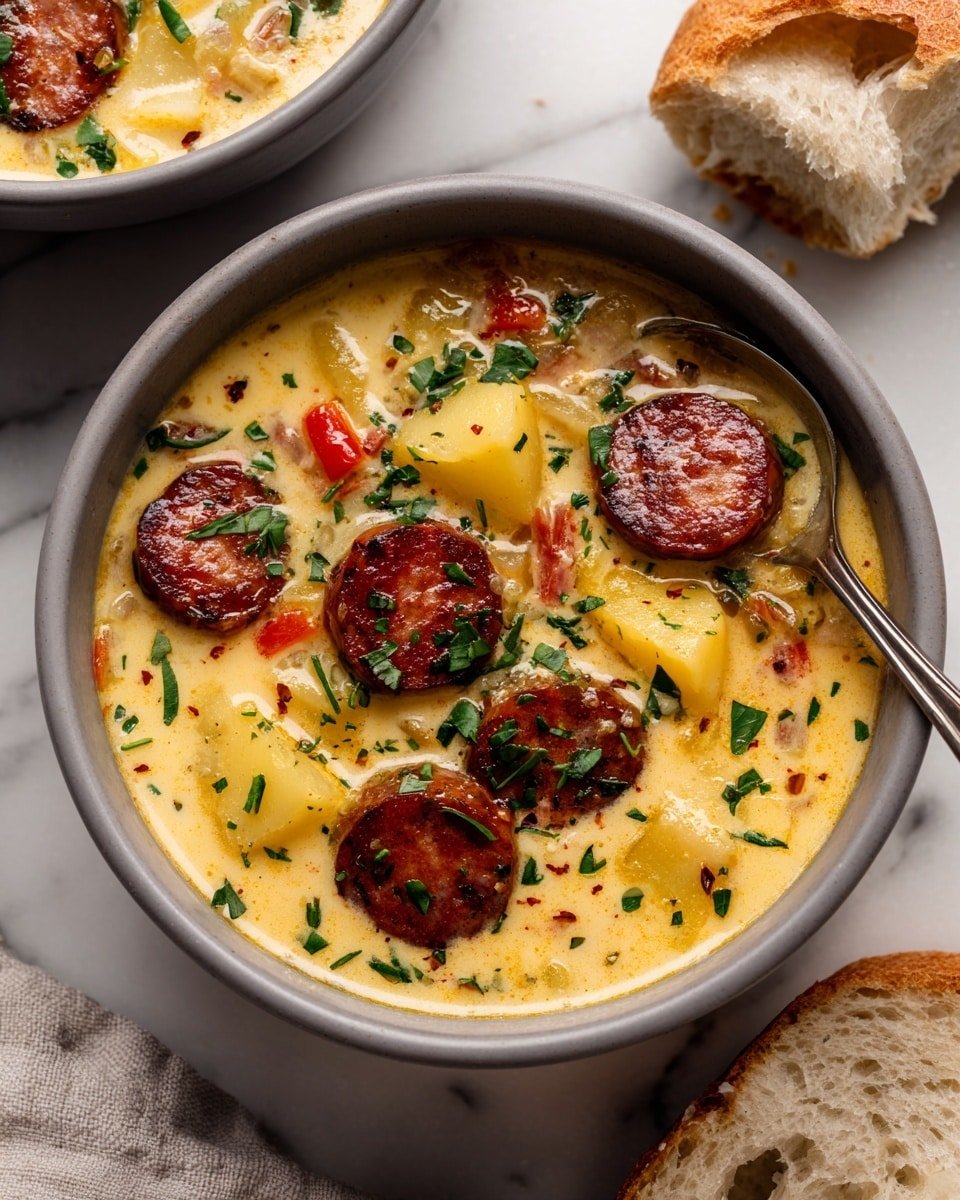 Cajun Potato Soup with Sausage and Cheddar Recipe - Recipe Image — Cajun Potato Soup with Sausage and Cheddar, Cajun Potato Soup, hearty sausage soup, creamy potato chowder, spicy sausage and cheddar soup