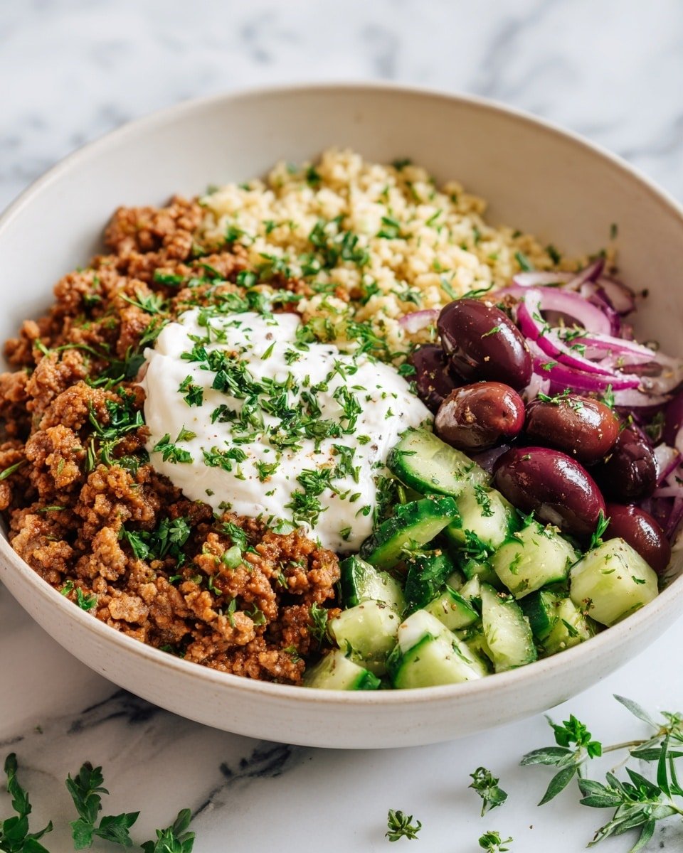 Healthy Greek Ground Chicken Bowls Recipe - Recipe Image — Healthy Greek Ground Chicken Bowls, Greek chicken bowls, healthy chicken bowls, Mediterranean chicken recipes, quick healthy dinner ideas