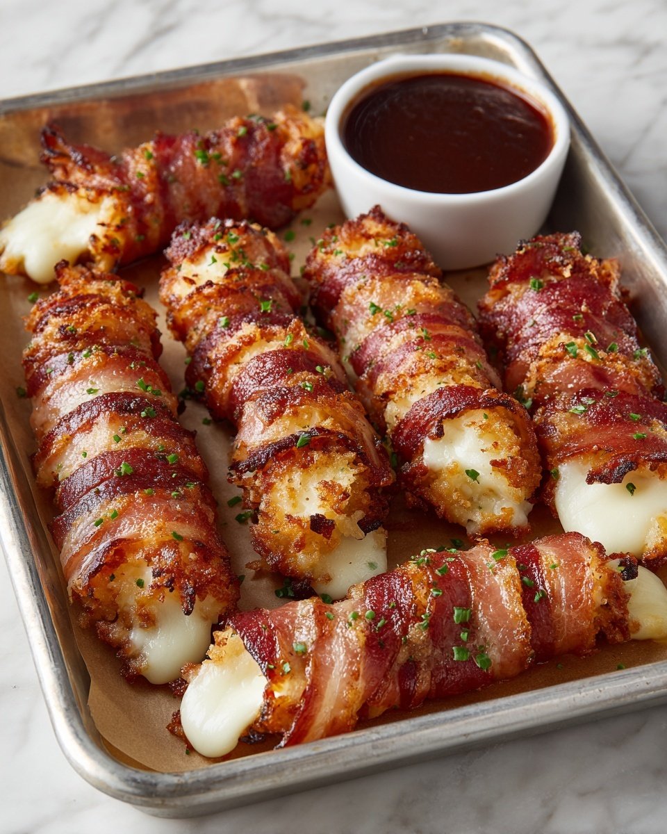 Nashville Hot Bacon Wrapped Mozzarella Sticks Recipe - Recipe Image — Nashville Hot Bacon Wrapped Mozzarella Sticks, spicy cheese sticks, bacon wrapped appetizer, Nashville hot snack, cheesy bacon appetizer