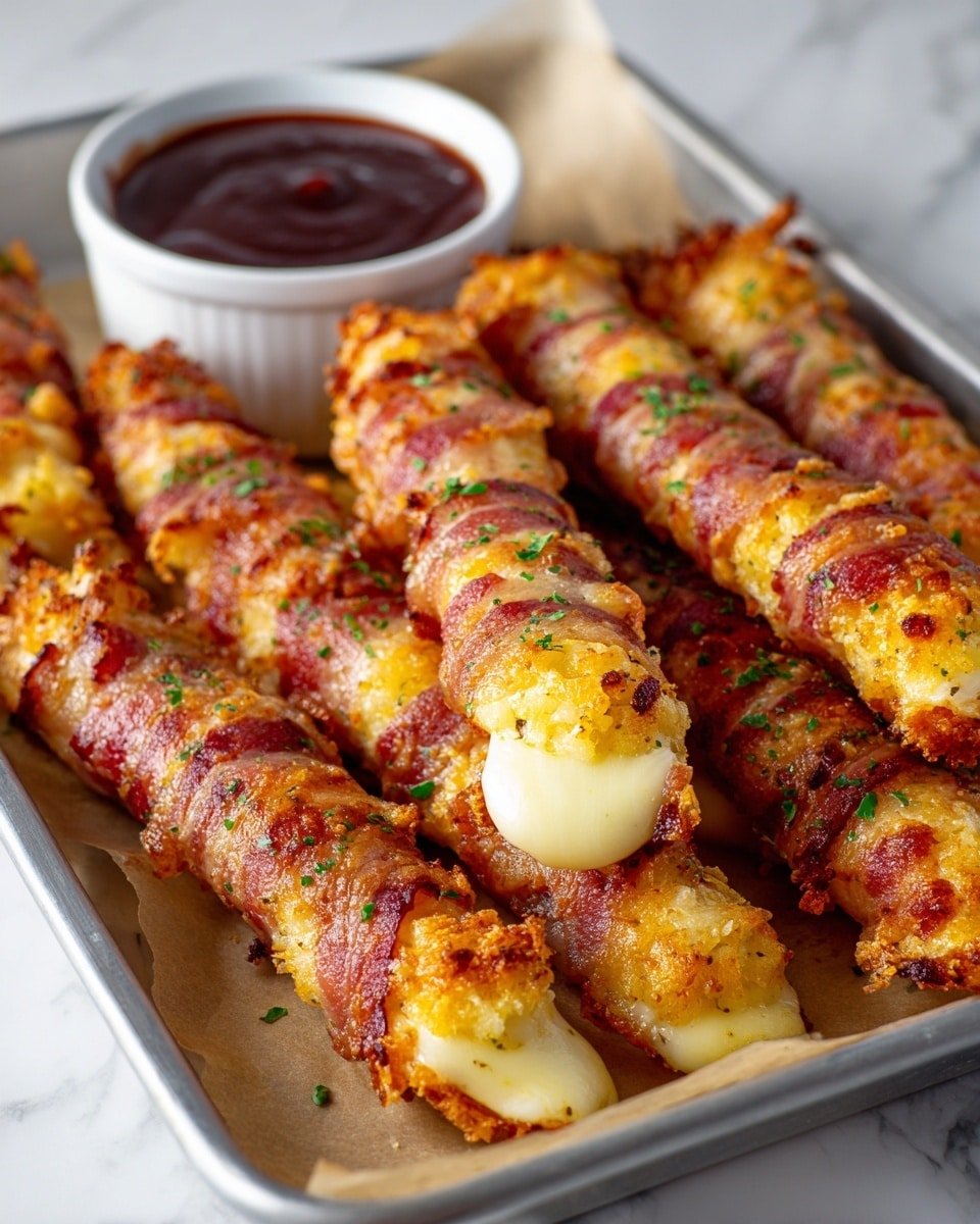 Nashville Hot Bacon Wrapped Mozzarella Sticks Recipe - Recipe Image — Nashville Hot Bacon Wrapped Mozzarella Sticks, spicy cheese sticks, bacon wrapped appetizer, Nashville hot snack, cheesy bacon appetizer