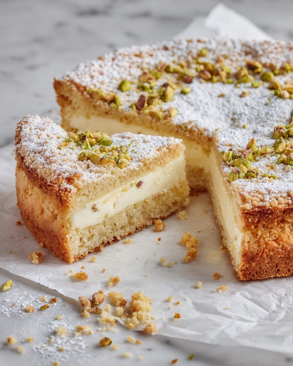 Pistachio Gooey Butter Cake Recipe - Recipe Image — Pistachio Gooey Butter Cake, gooey butter cake with pistachios, easy pistachio dessert, decadent nutty cake, best pistachio butter cake